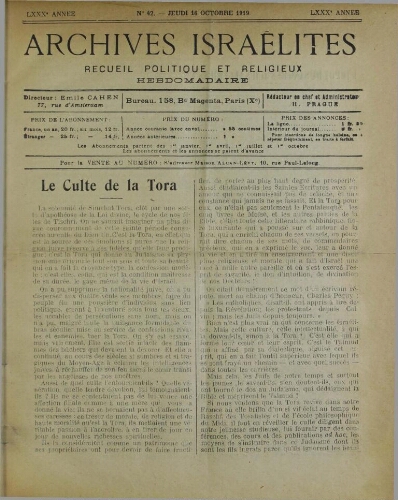 Archives israélites de France. Vol.80 N°42 (16 oct. 1919)